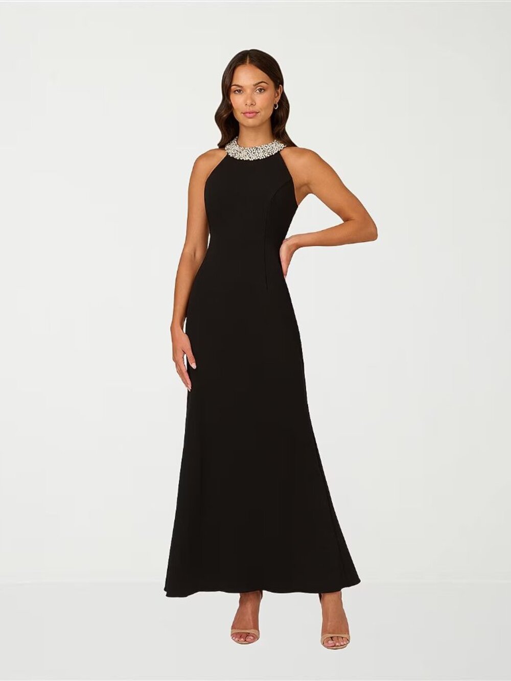 MSRP $160 Papell Boutique Womens 14, 16 Black Embellished Evening Gown Halter Ne
